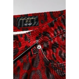 Red Leopard Print Cotton Skinny Denim Jeans