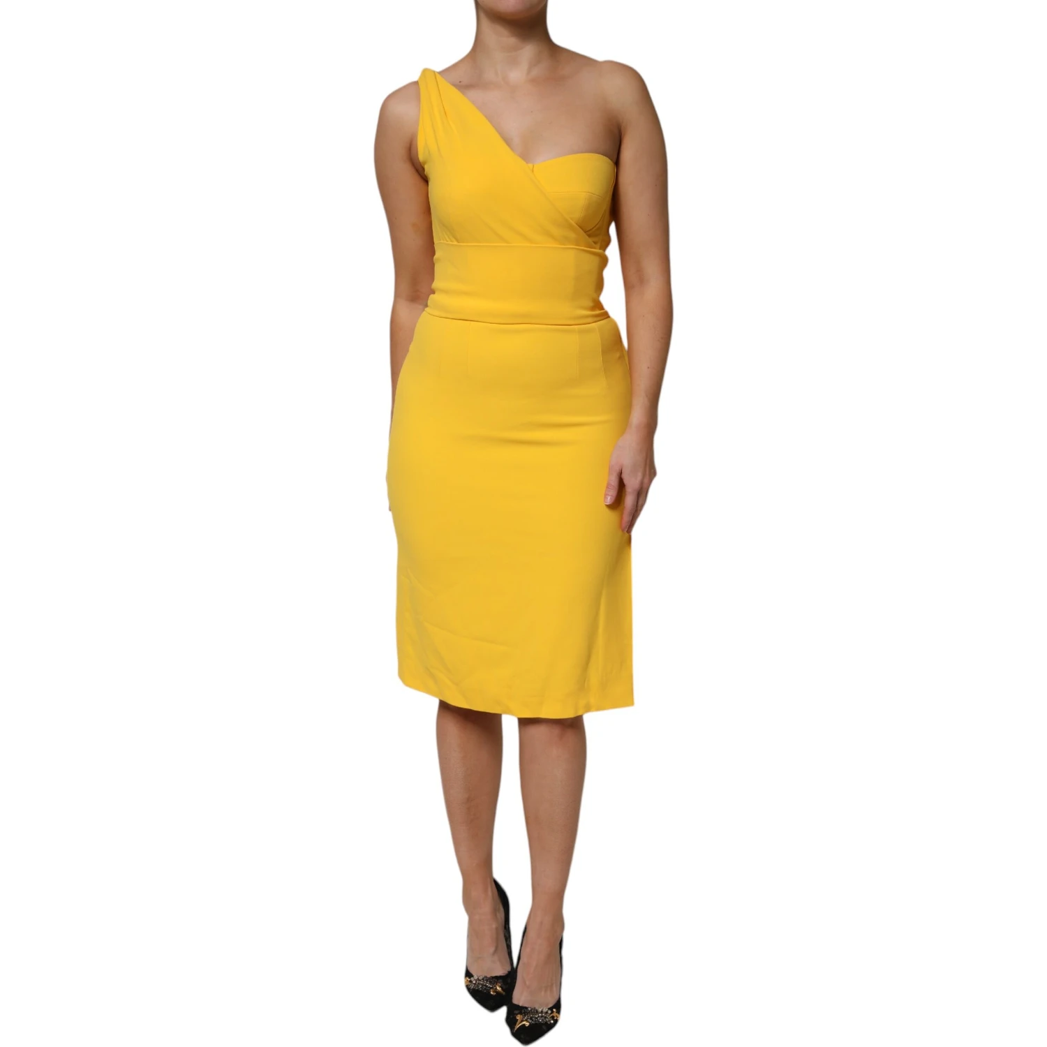 Yellow One Shoulder Side Slit Midi Dress