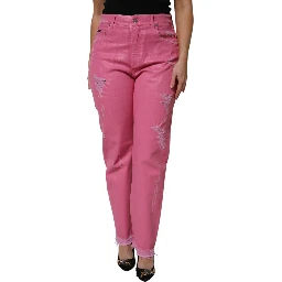 Pink Tattered Mid Waist Tapered Denim Jeans