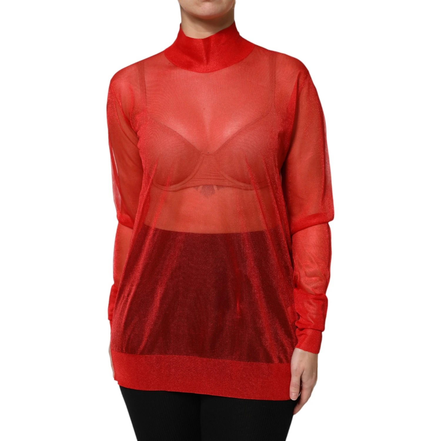 Red Tulle Turtleneck Long Sleeve Blouse Top