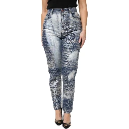 Blue Washed Print High Waist Denim Jeans
