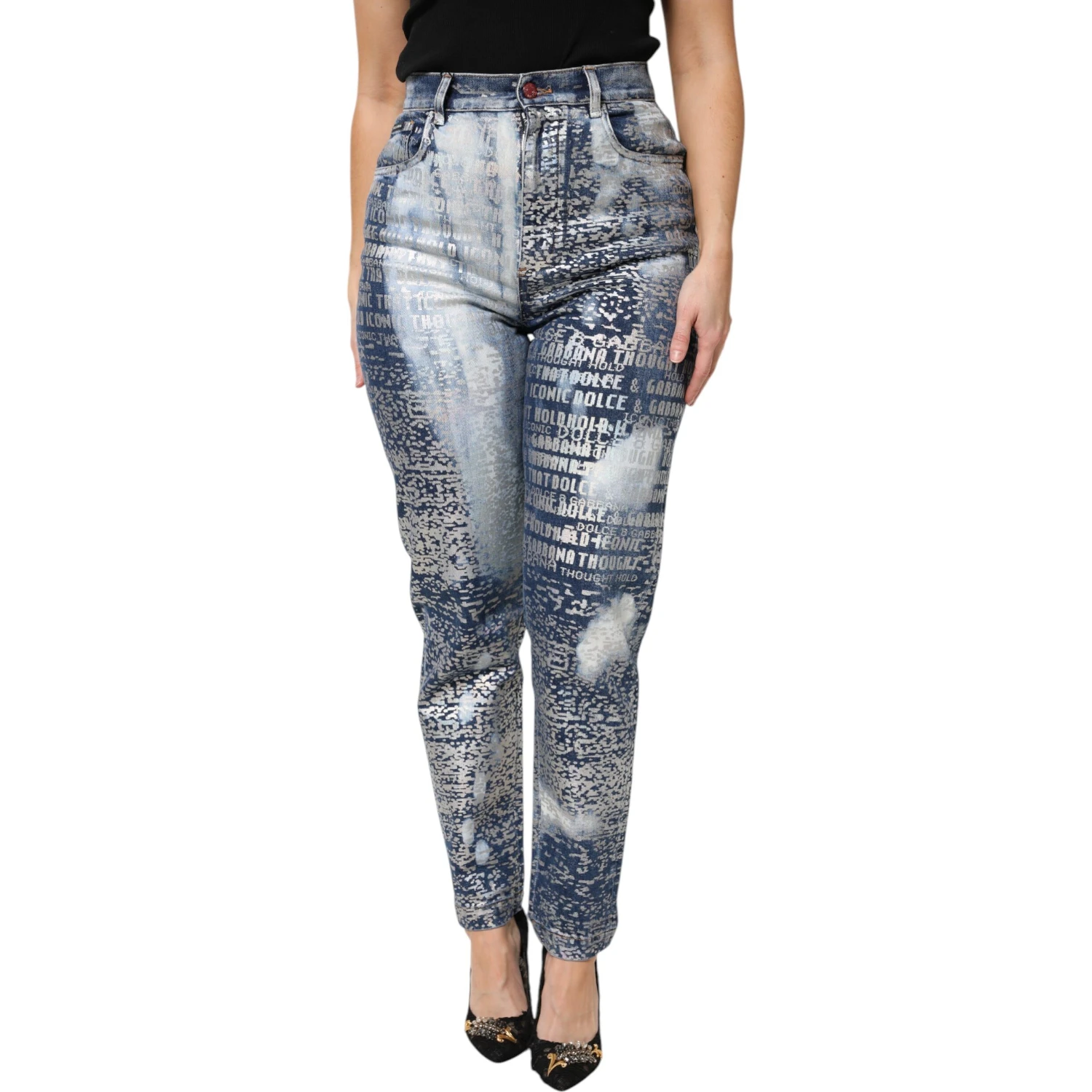 Blue Washed Print High Waist Denim Jeans