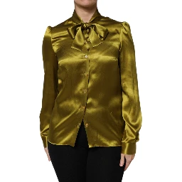 Green Ascot Collar Long Sleeves Blouse Top