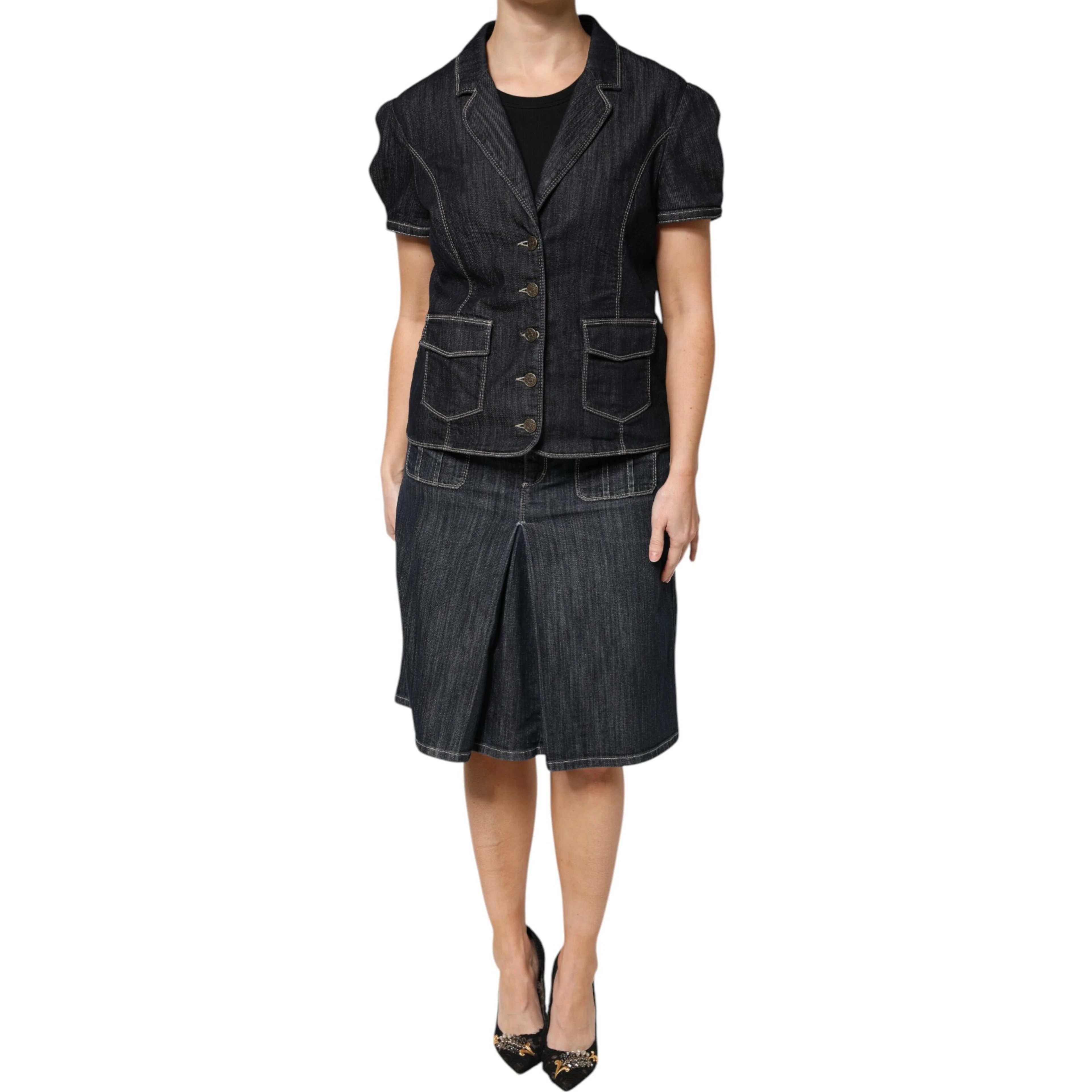 Black Cotton Blend Denim Top Skirt Casual Set