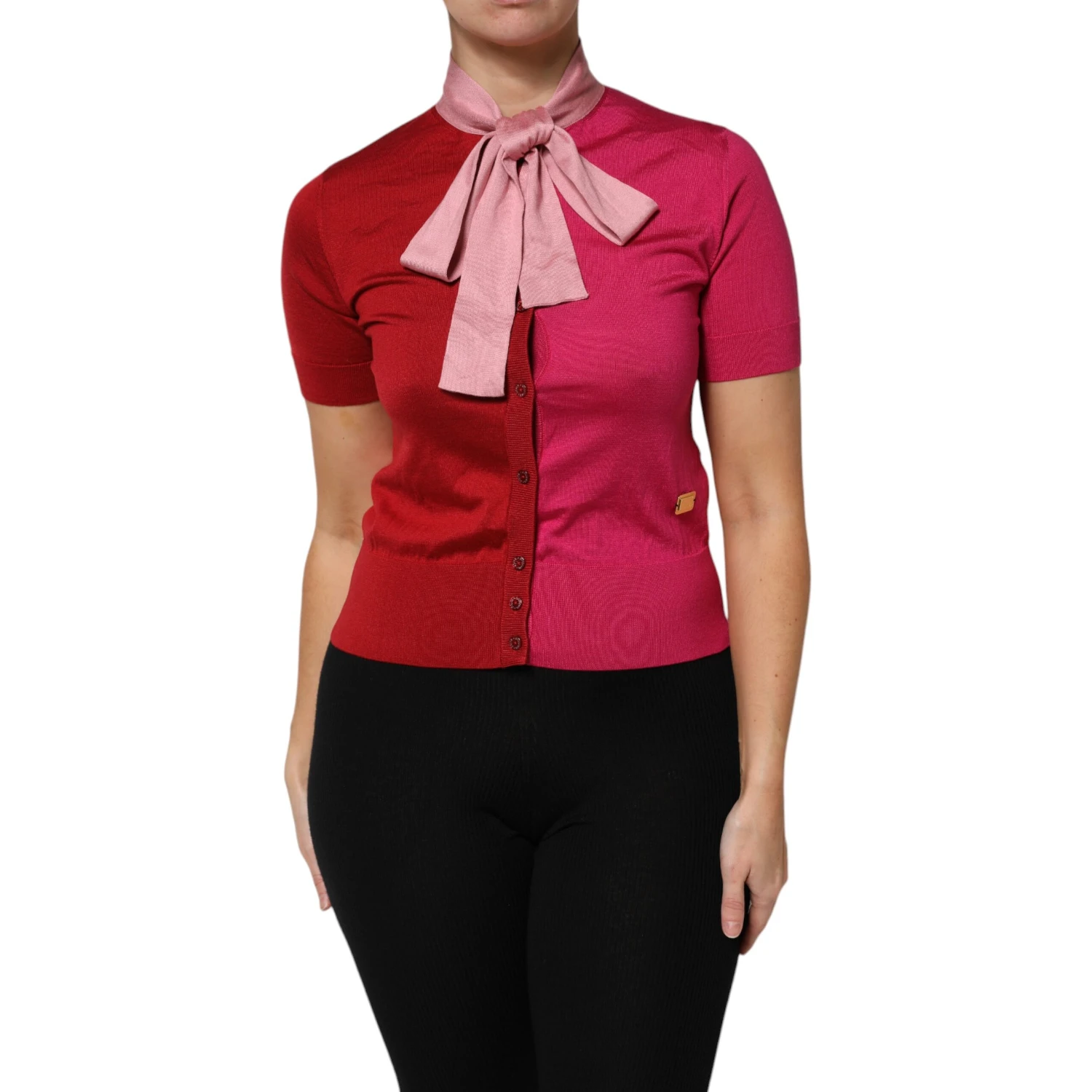 Pink Short Sleeves Buttoned Ascot Collar Top