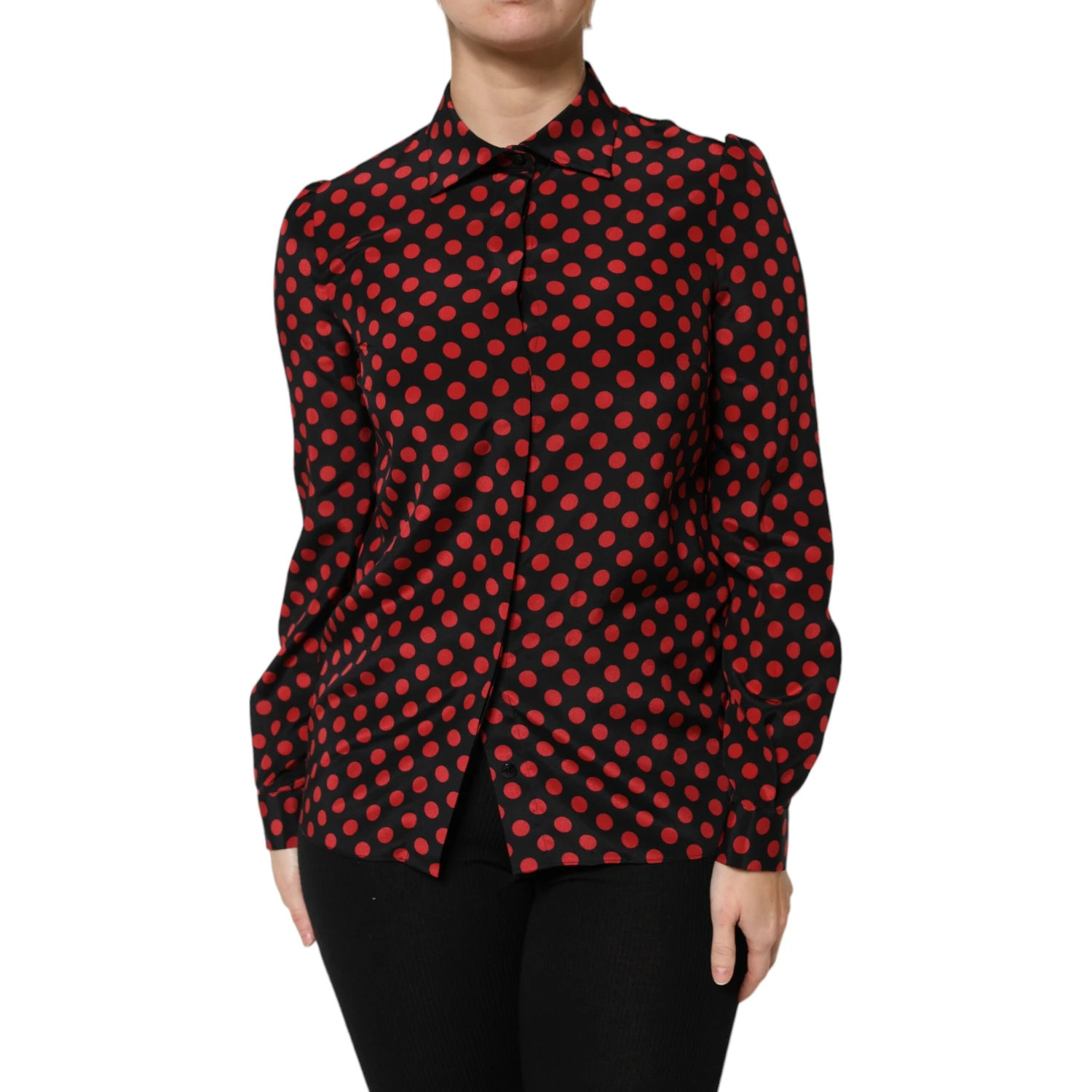 Black Red Polka Dot Silk Long Sleeves Top