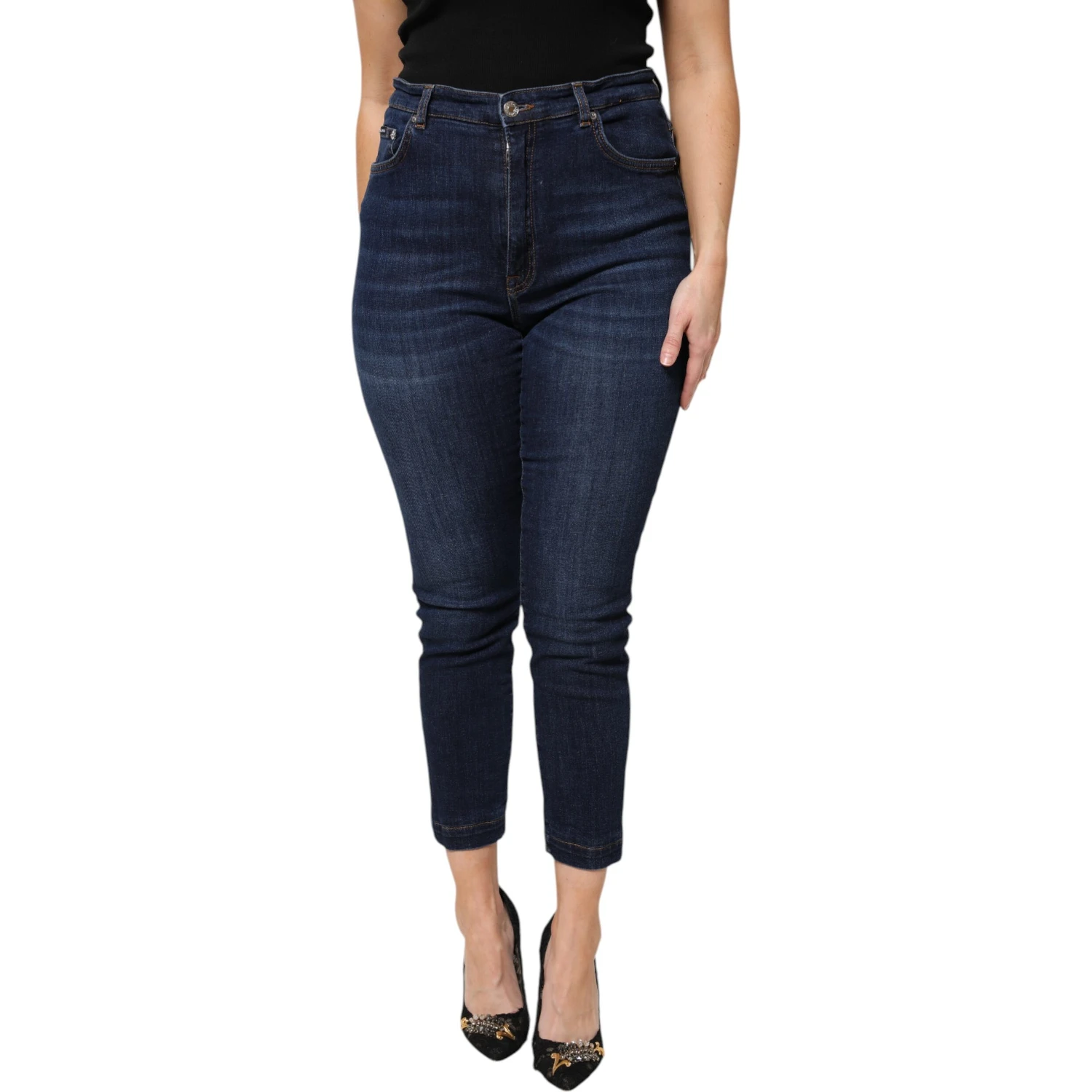 Blue Cotton High Waisted Cropped Denim Jeans