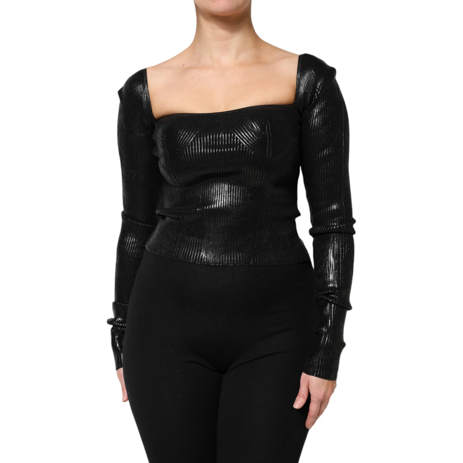 Black Viscose Long Sleeves Fitted Blouse Top