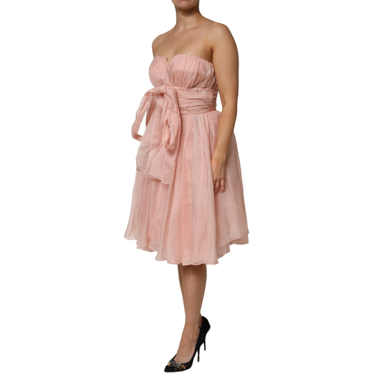Pink Silk Chiffon A-line Pleated Midi Dress