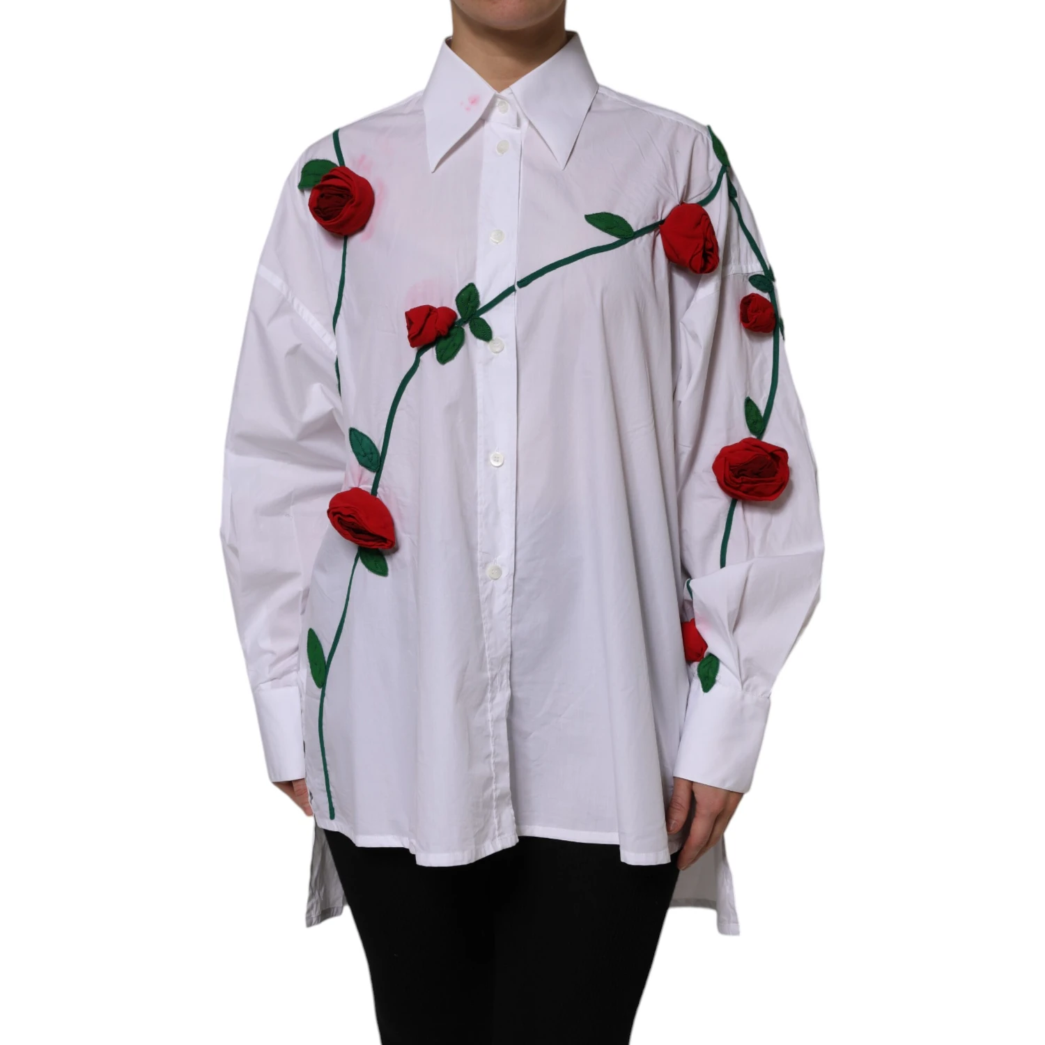 White Cotton Floral Appliques Dress Shirt Top