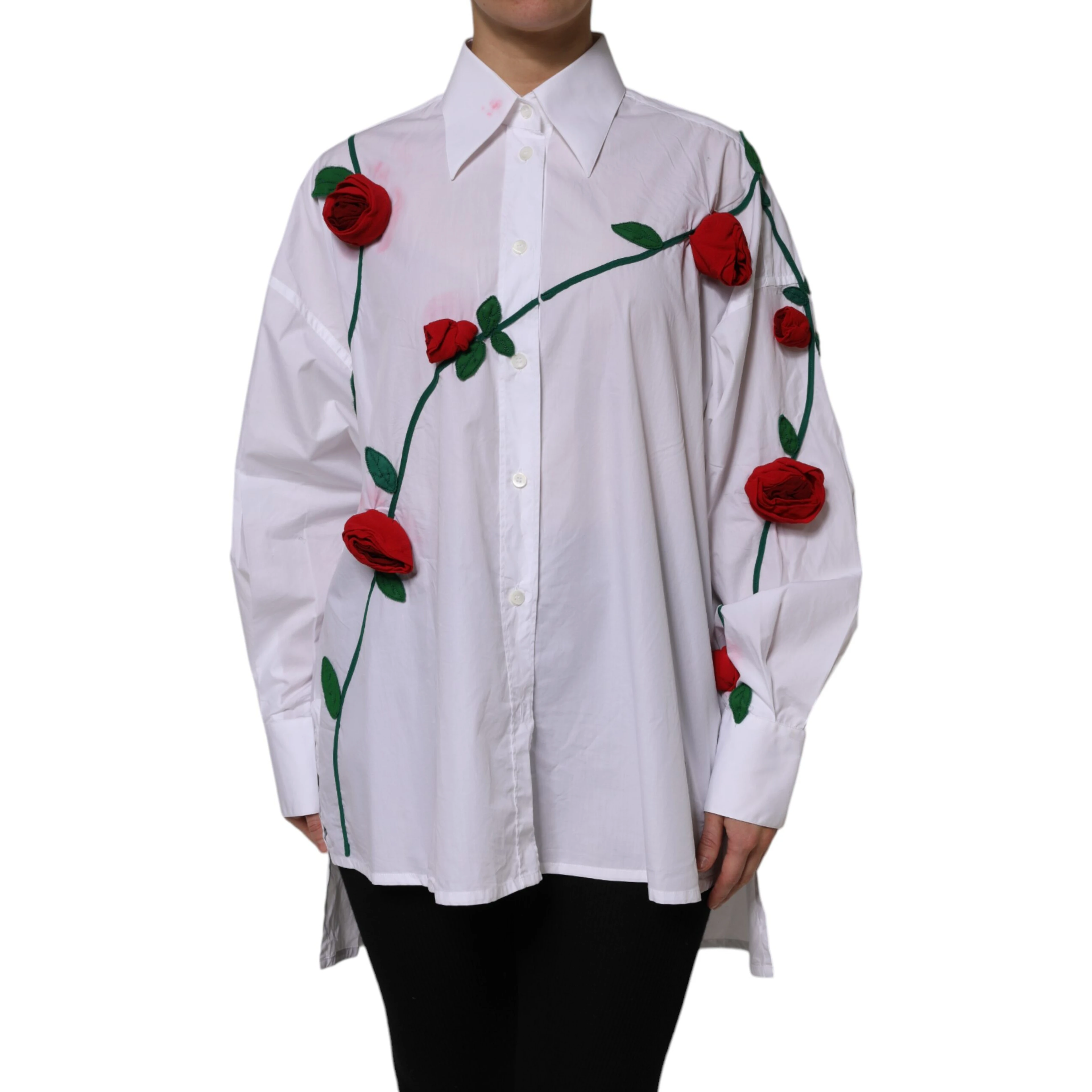White Cotton Floral Appliques Dress Shirt Top