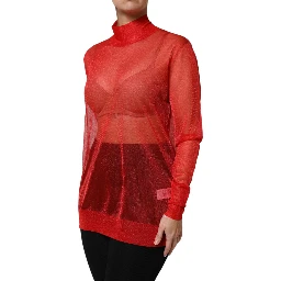 Red Tulle Turtleneck Long Sleeve Blouse Top