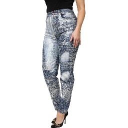 Blue Washed Print High Waist Denim Jeans