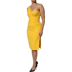 Yellow One Shoulder Side Slit Midi Dress