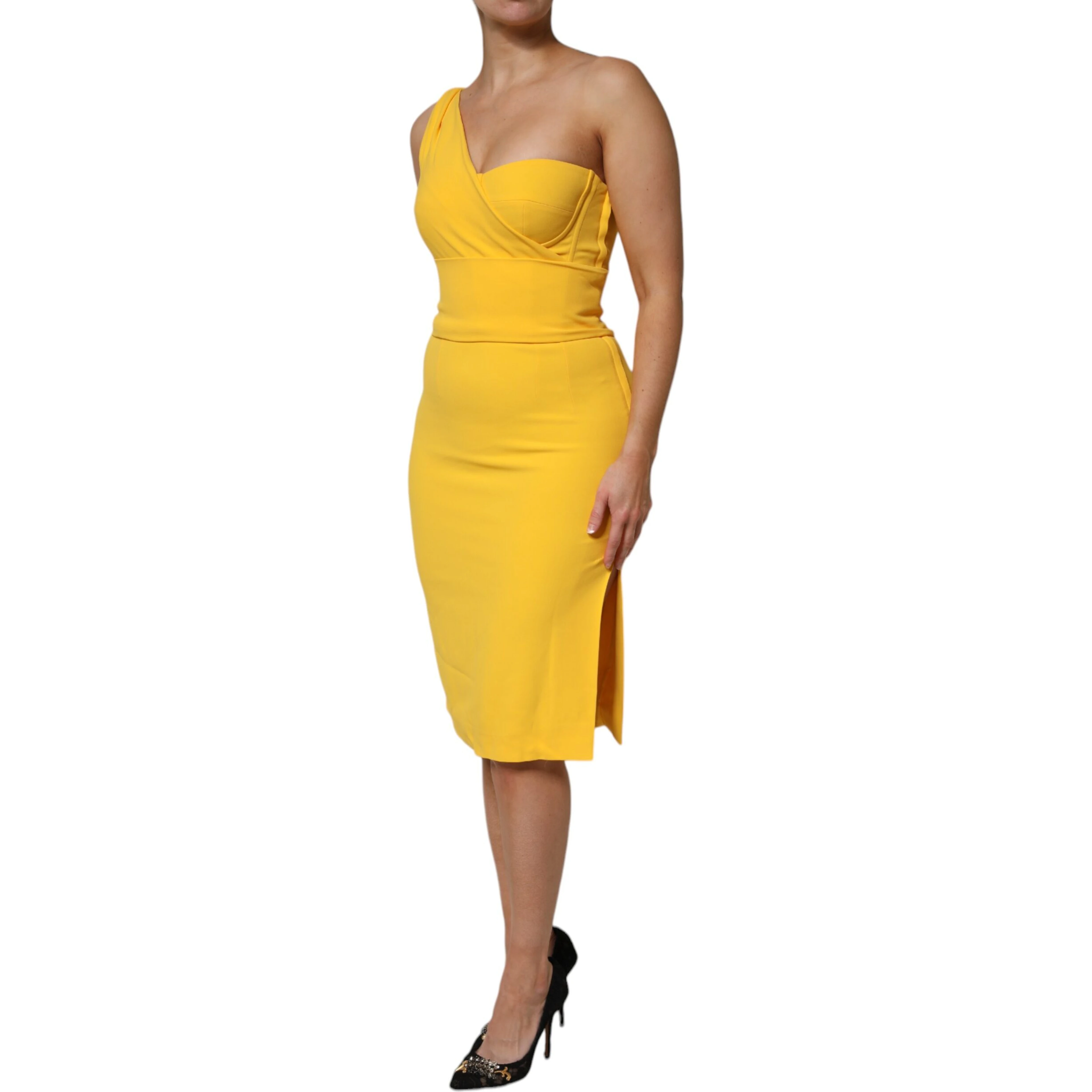 Yellow One Shoulder Side Slit Midi Dress