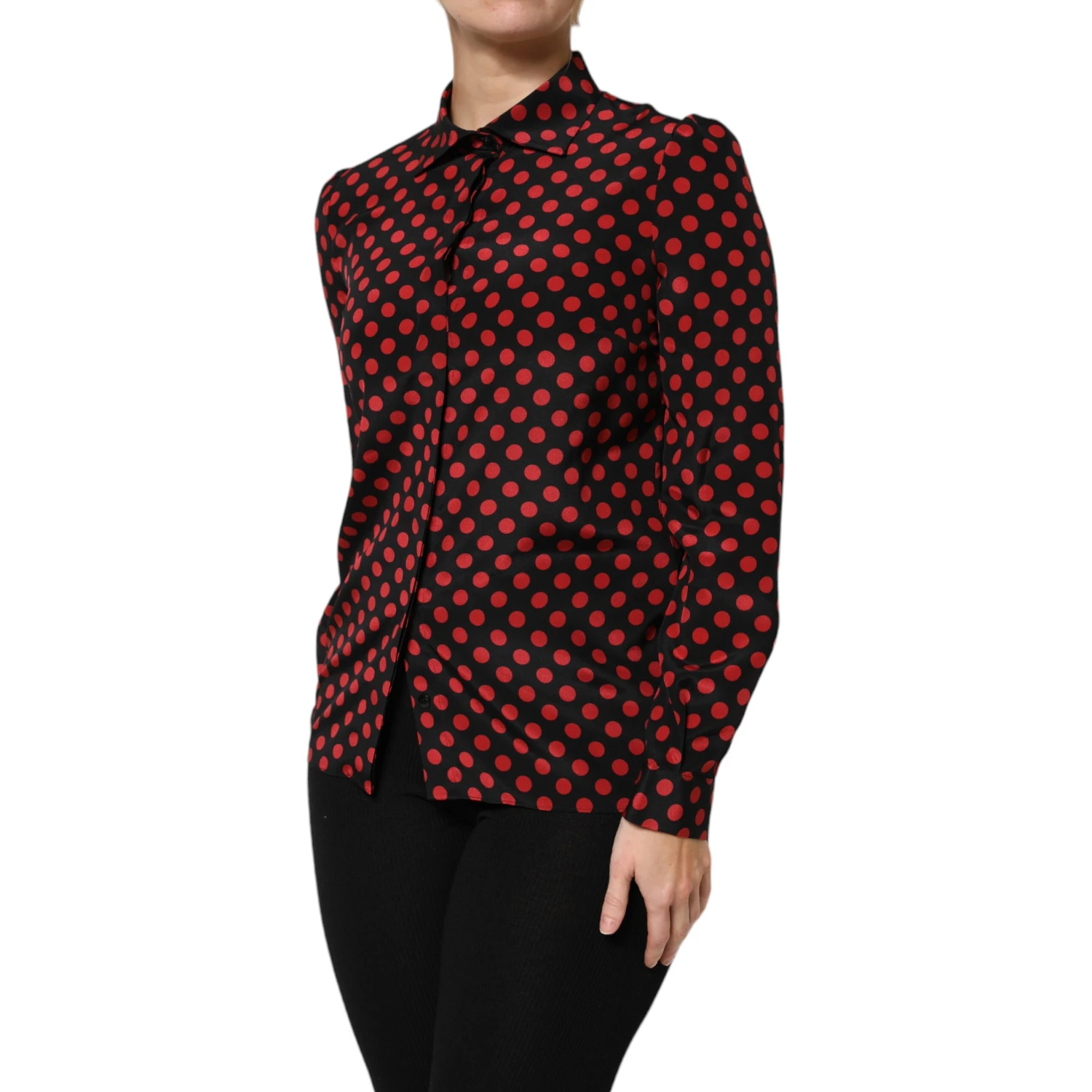 Black Red Polka Dot Silk Long Sleeves Top