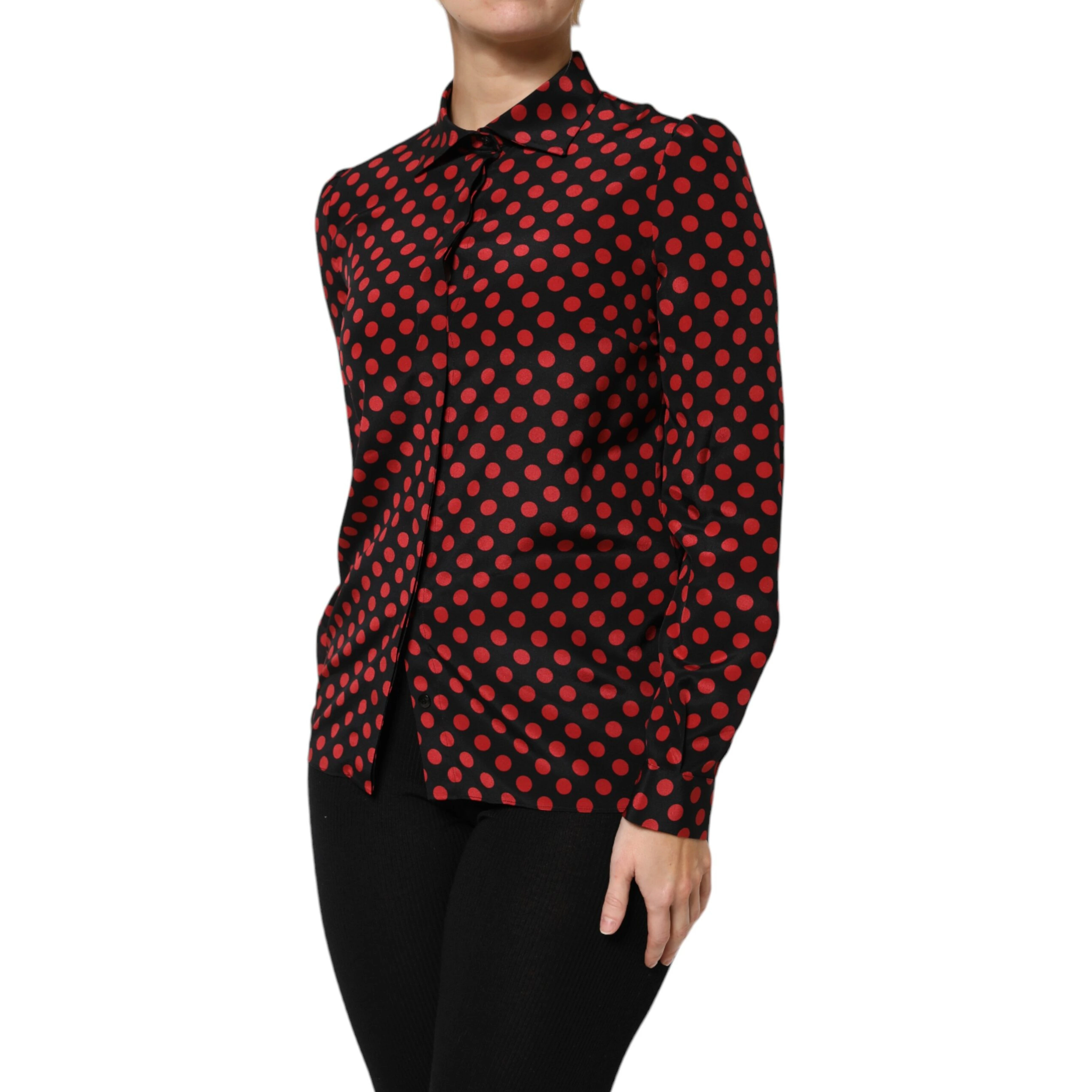 Black Red Polka Dot Silk Long Sleeves Top