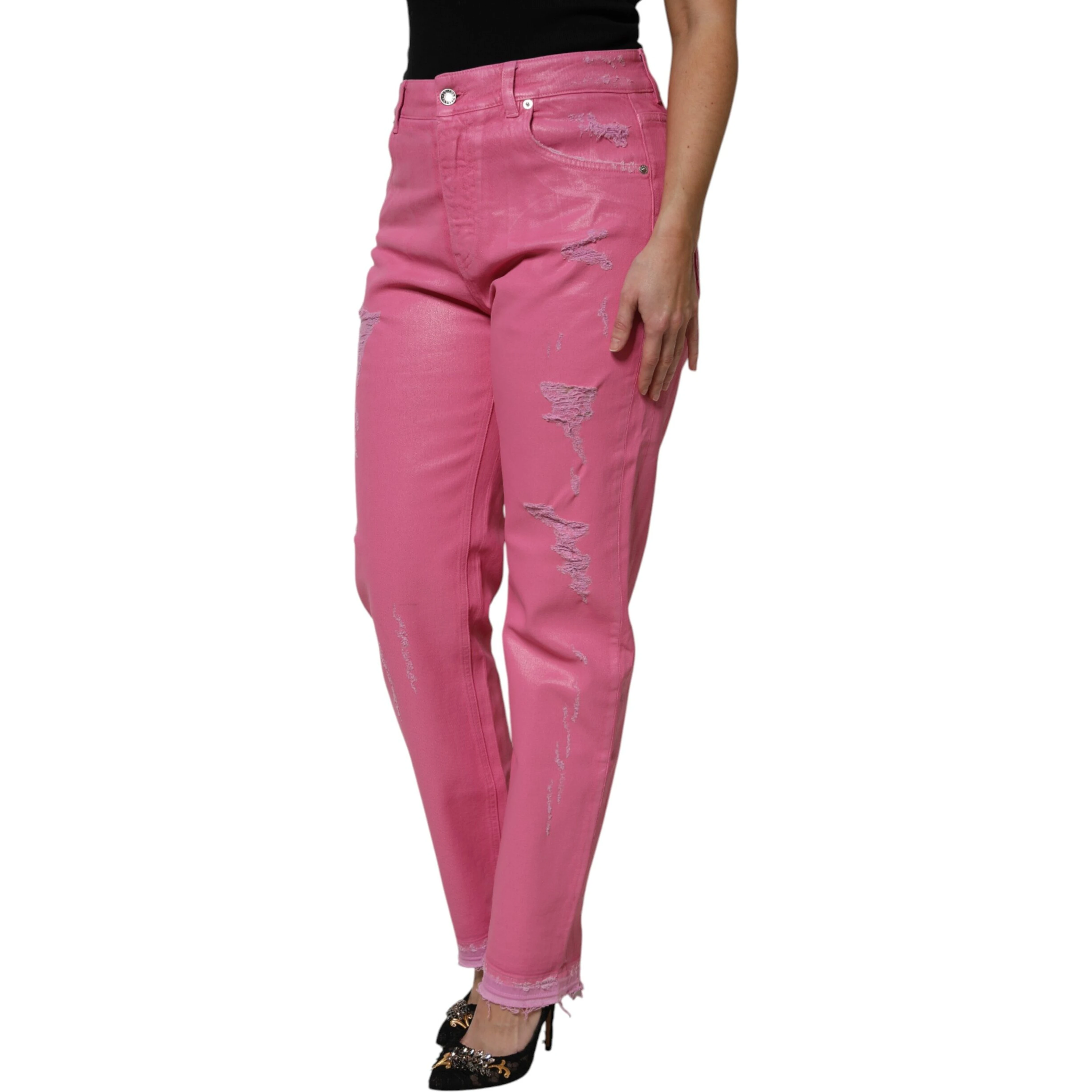 Pink Tattered Mid Waist Tapered Denim Jeans