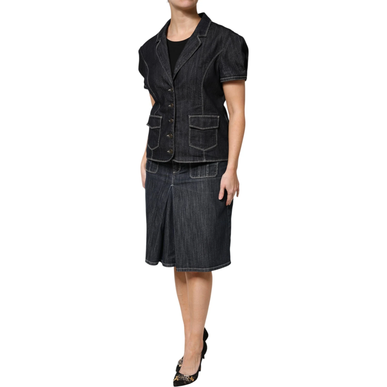 Black Cotton Blend Denim Top Skirt Casual Set