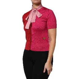 Pink Short Sleeves Buttoned Ascot Collar Top