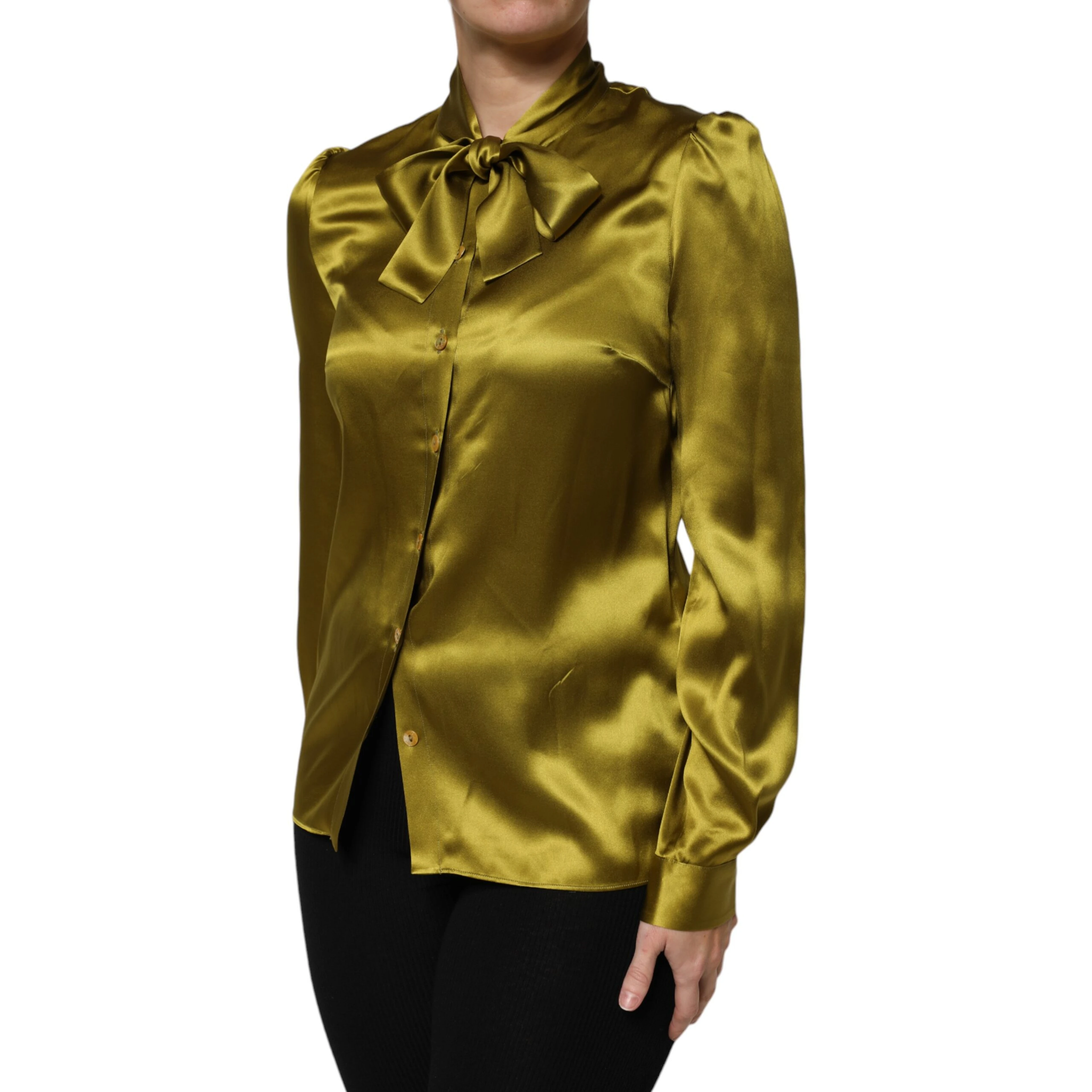 Green Ascot Collar Long Sleeves Blouse Top