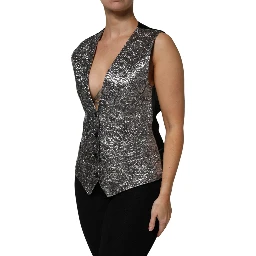 Silver Floral Jacquard Sleeveless Vest Top