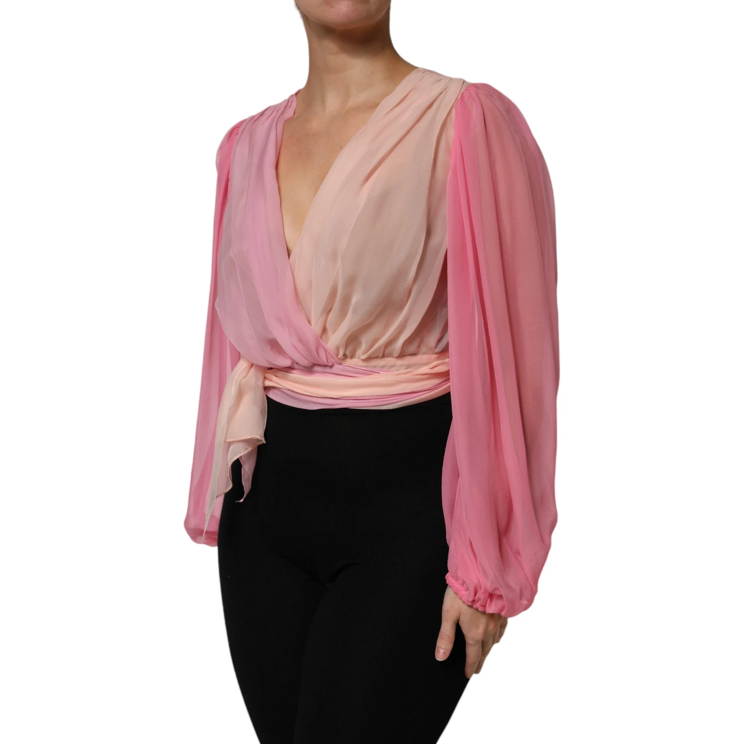 Pink Plunging V-neck Long Sleeves Blouse Top