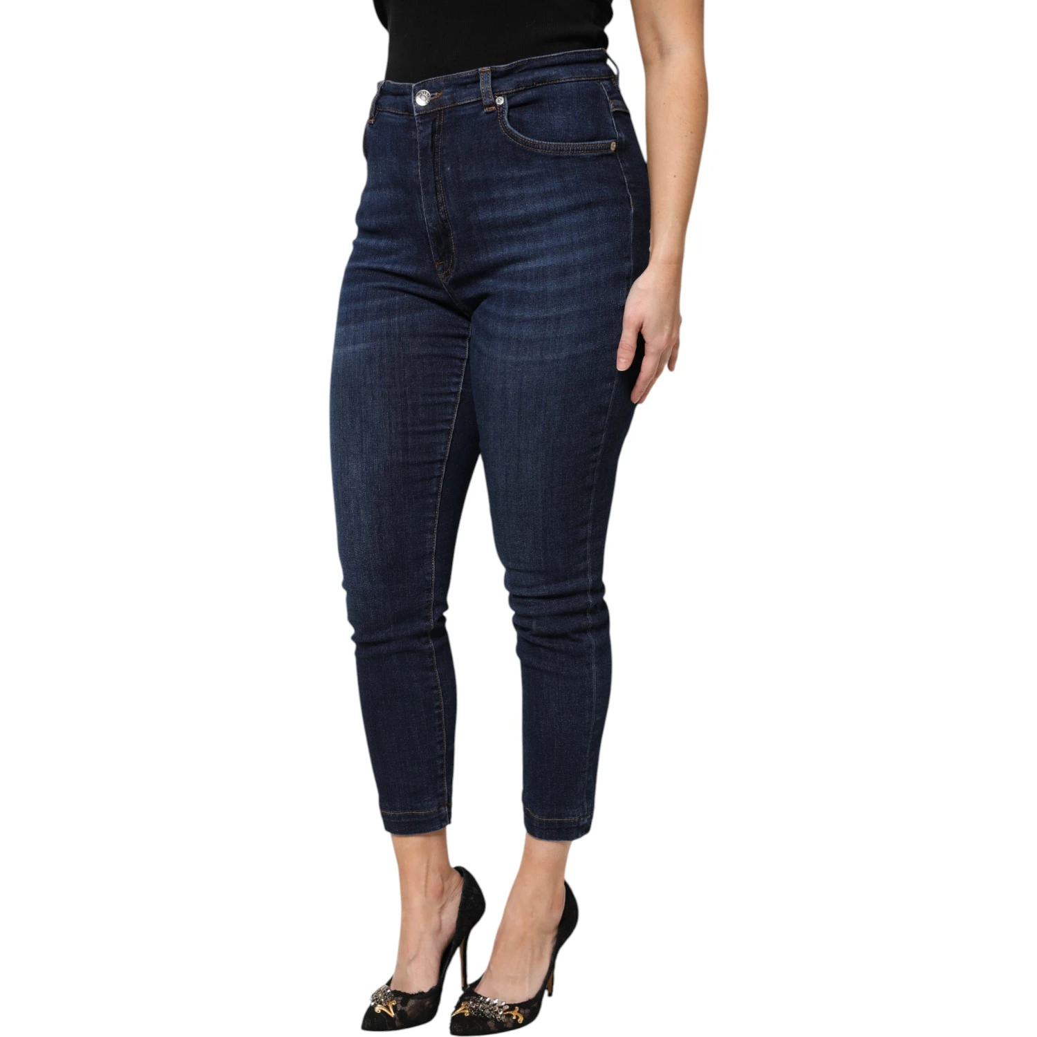 Blue Cotton High Waisted Cropped Denim Jeans