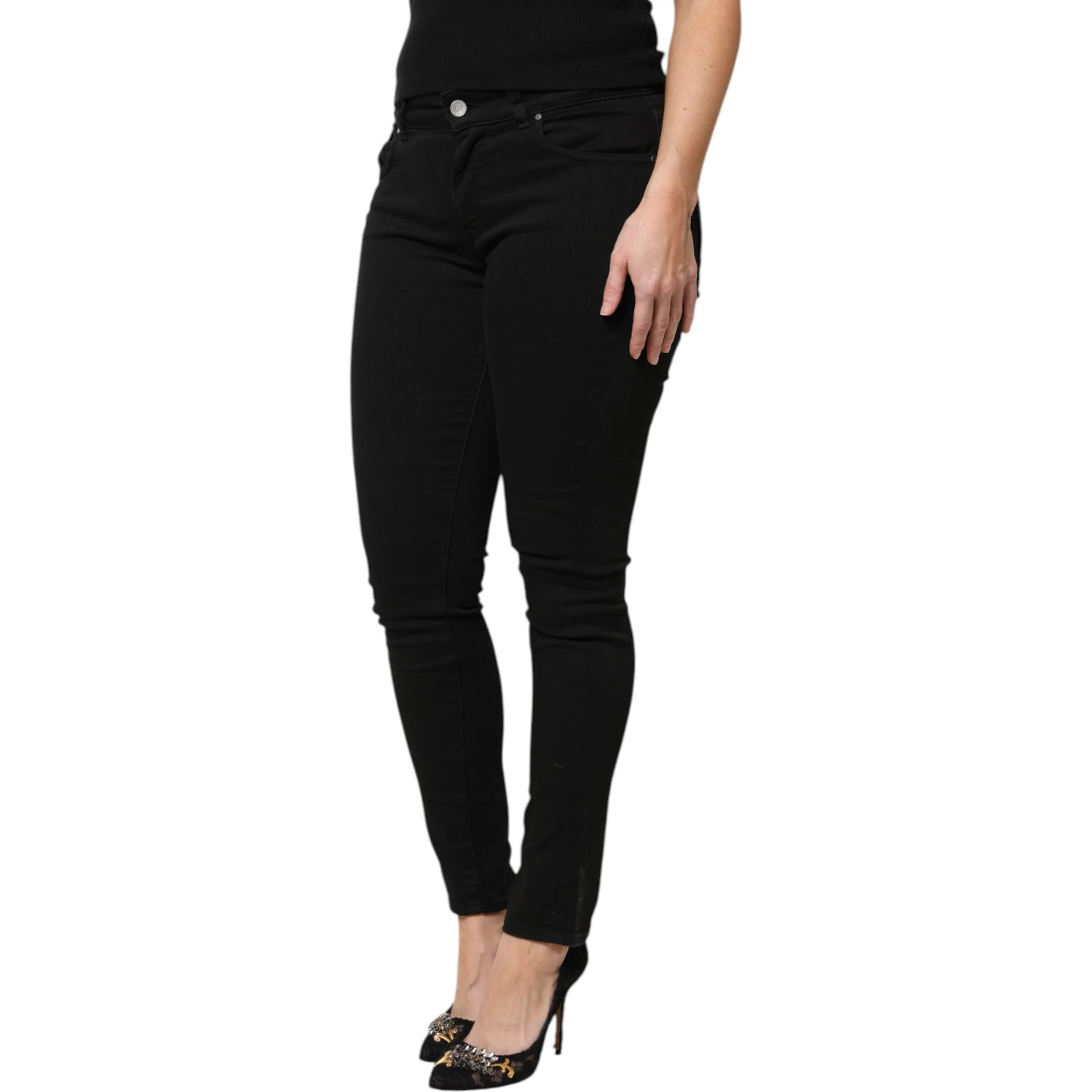 Black Cotton Logo Mid Waist Skinny Denim Jeans