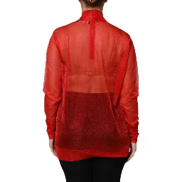 Red Tulle Turtleneck Long Sleeve Blouse Top