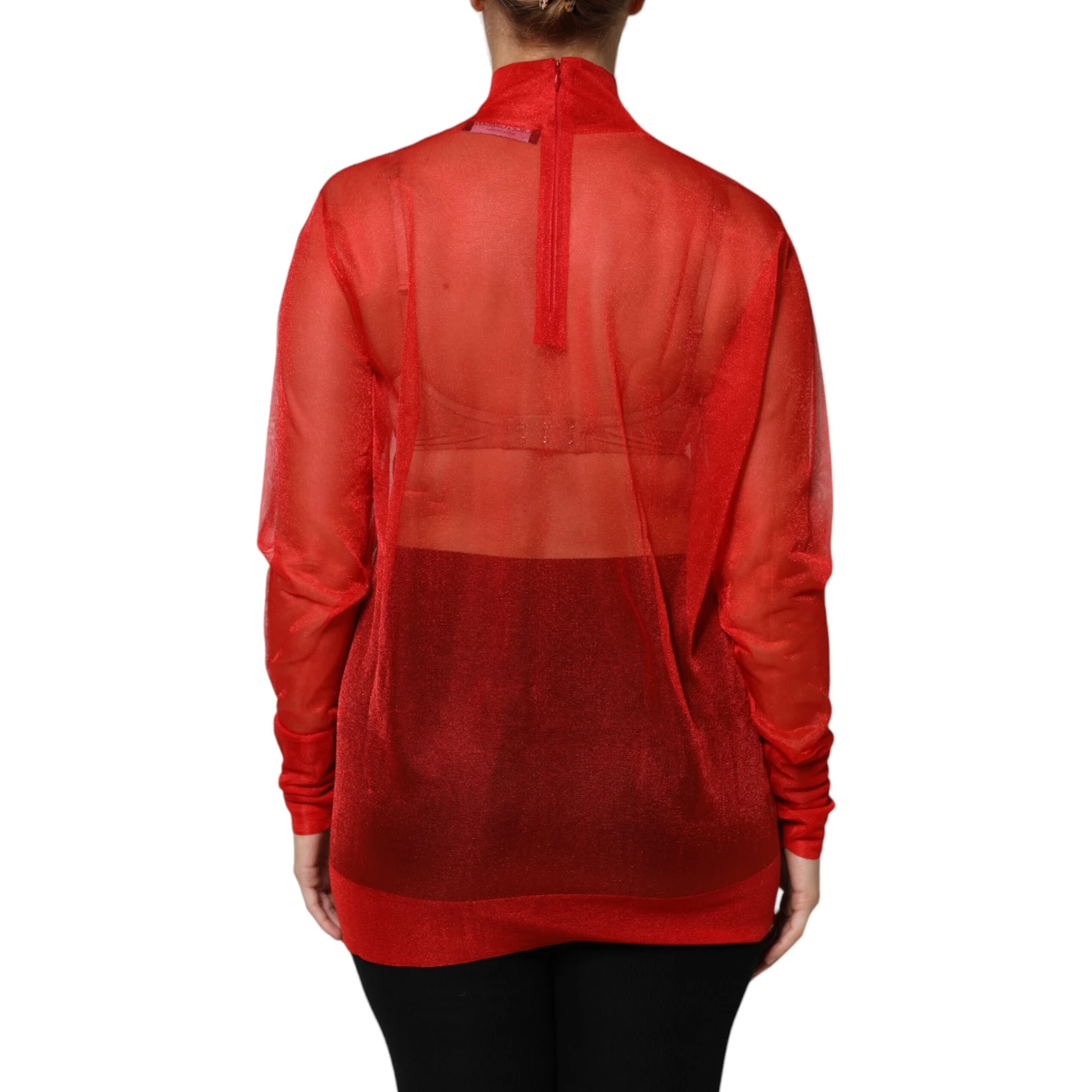 Red Tulle Turtleneck Long Sleeve Blouse Top