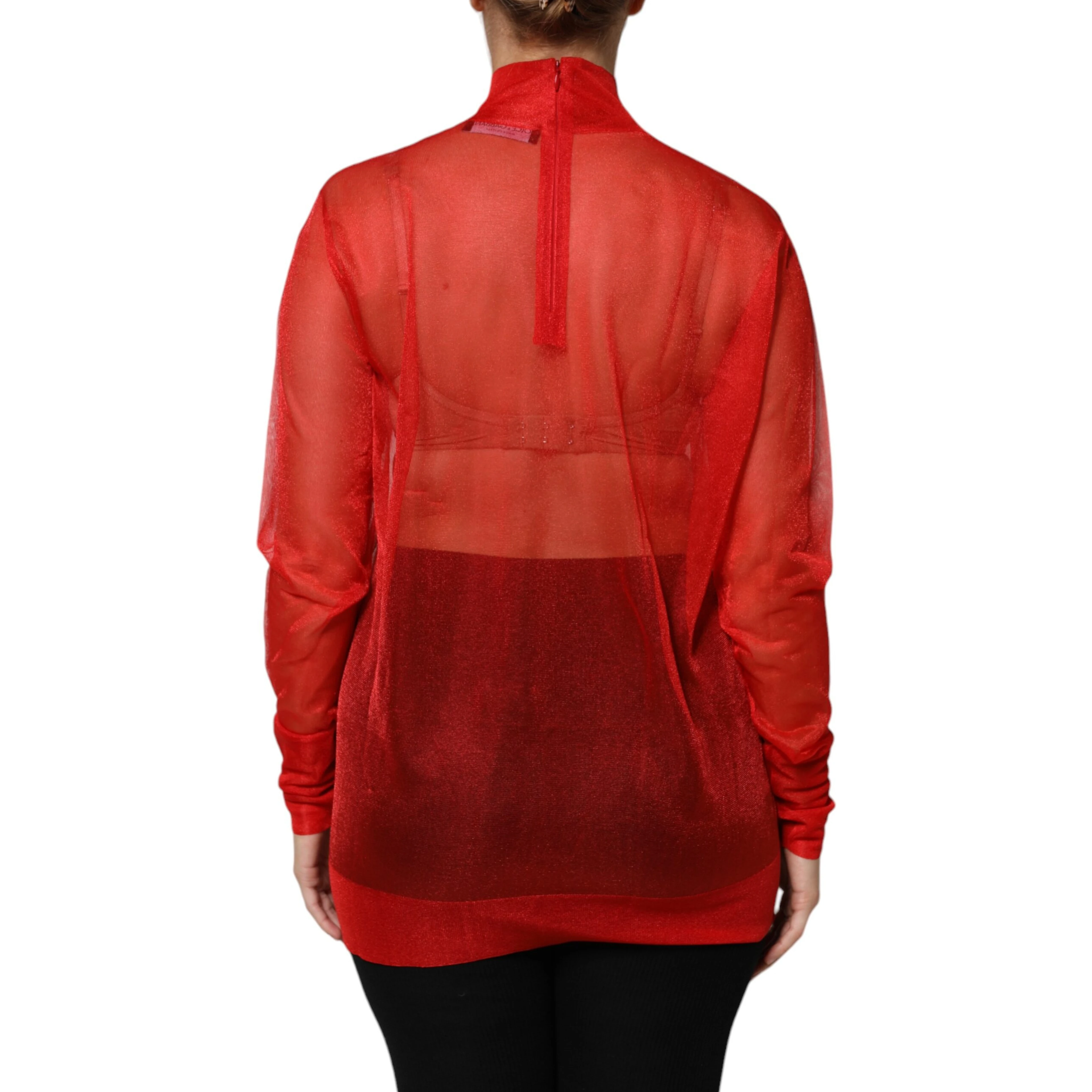 Red Tulle Turtleneck Long Sleeve Blouse Top
