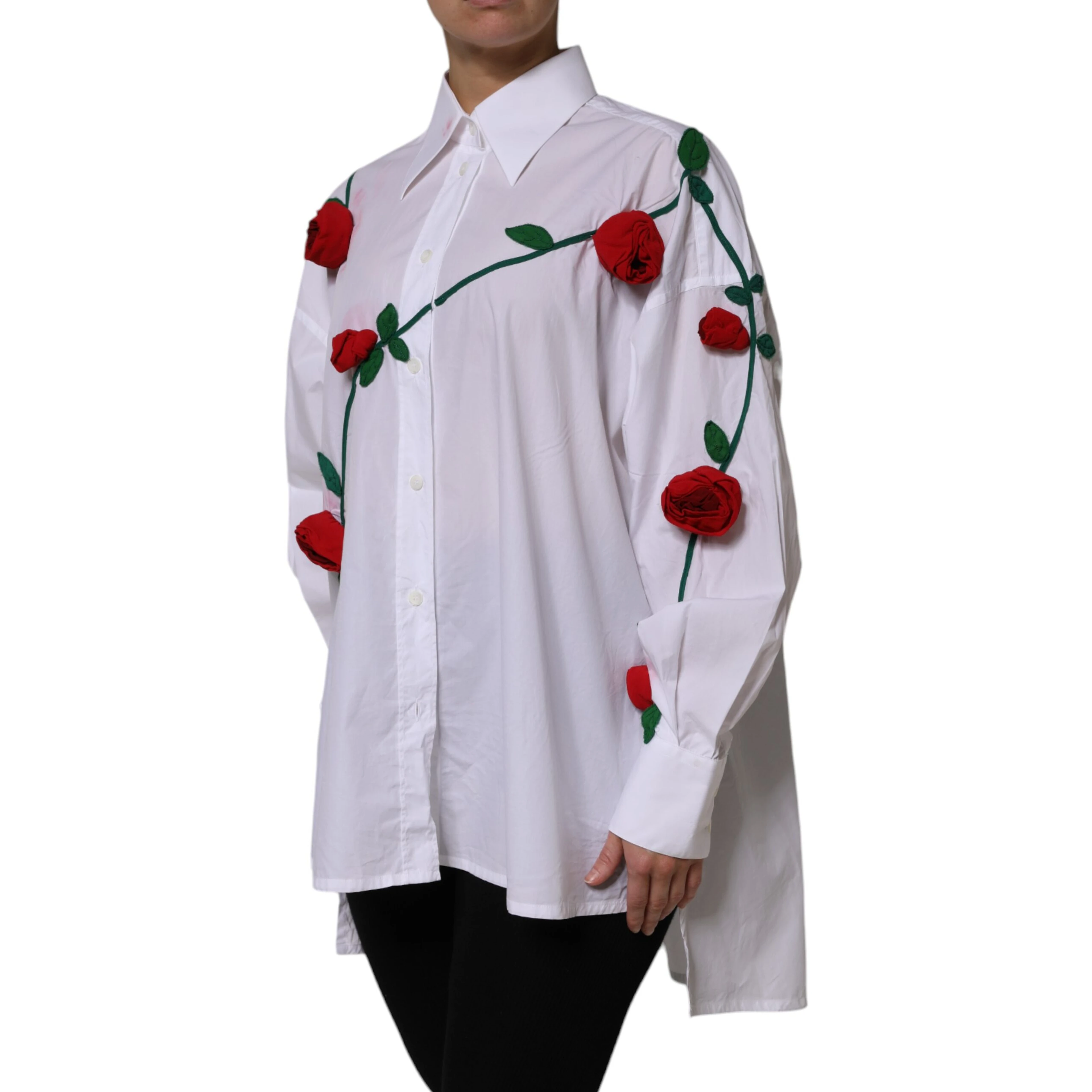 White Cotton Floral Appliques Dress Shirt Top