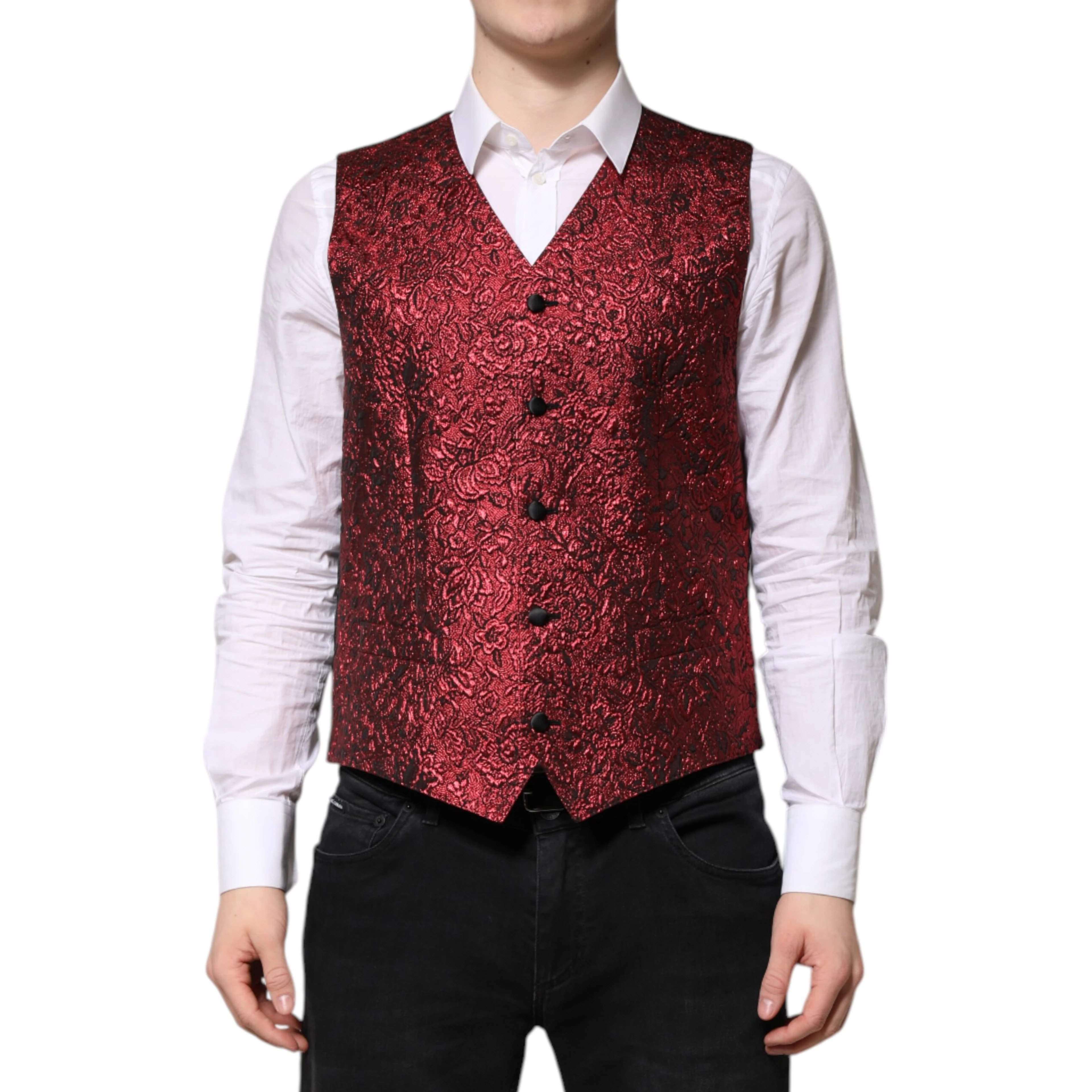 Red Floral Brocade Formal Men Waistcoat Vest