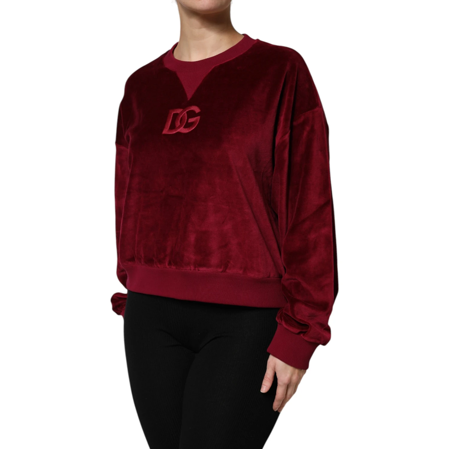 Red Cotton Velvet Crew Neck Pullover Sweater