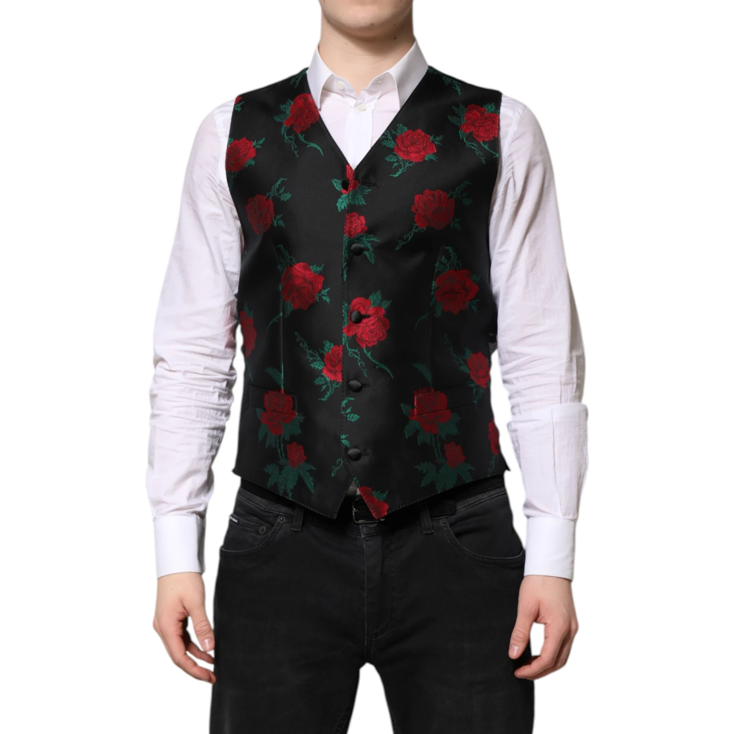 Red Floral Brocade Formal Men Waistcoat Vest