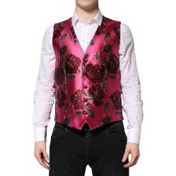 Pink Floral Satin Formal Men Waistcoat Vest