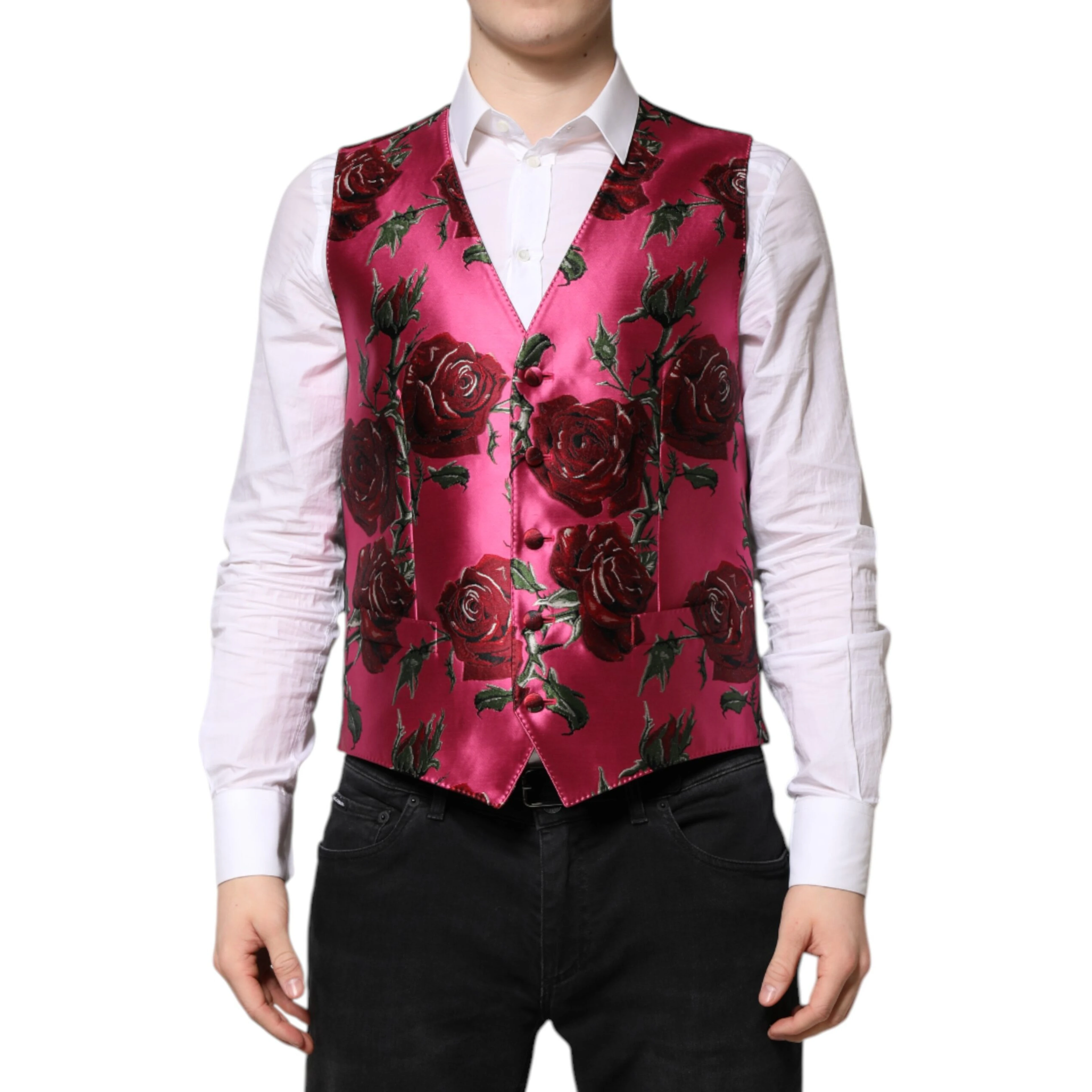 Pink Floral Satin Formal Men Waistcoat Vest
