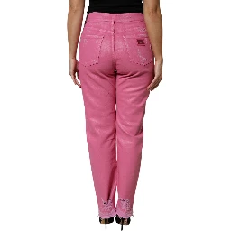 Pink Tattered Mid Waist Tapered Denim Jeans