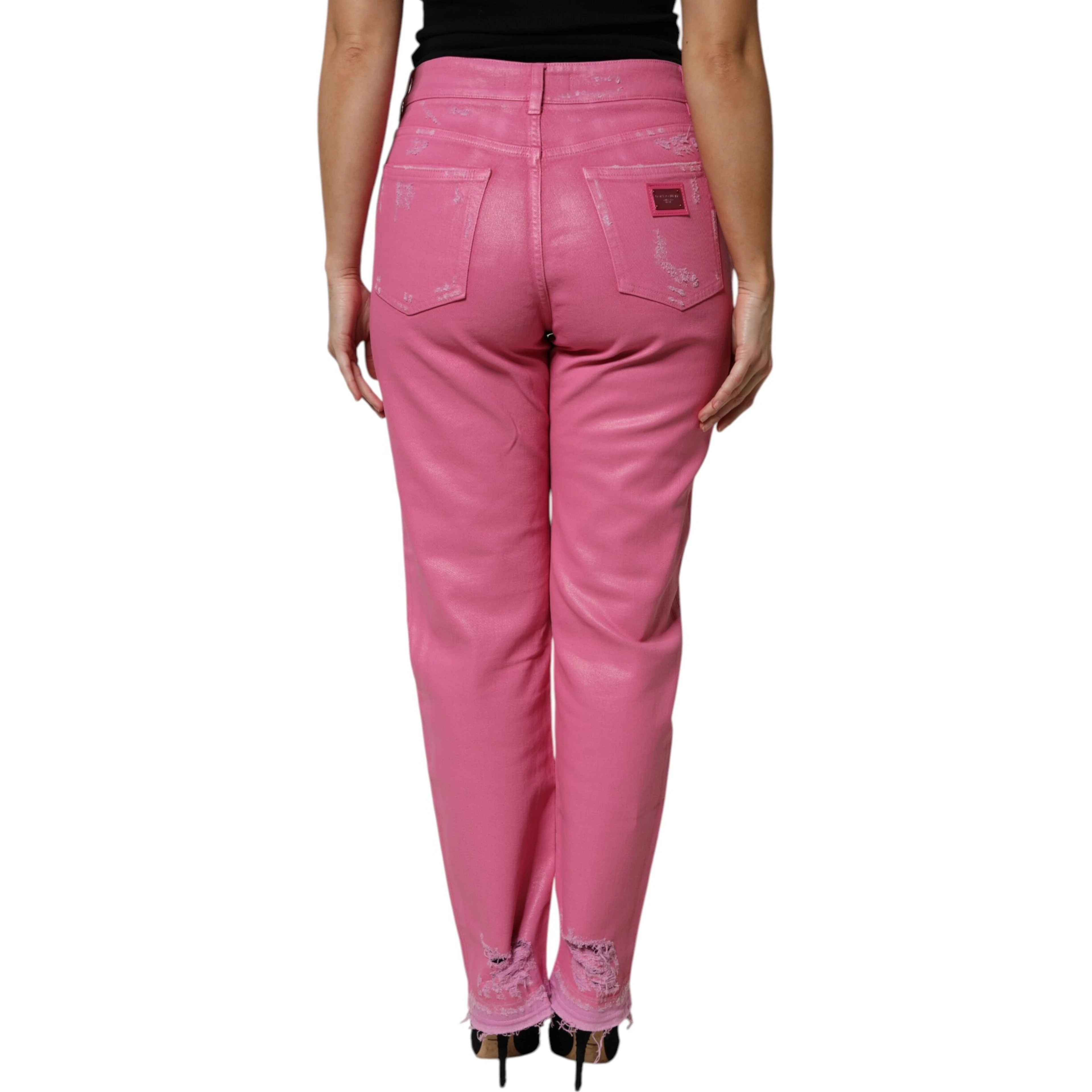 Pink Tattered Mid Waist Tapered Denim Jeans