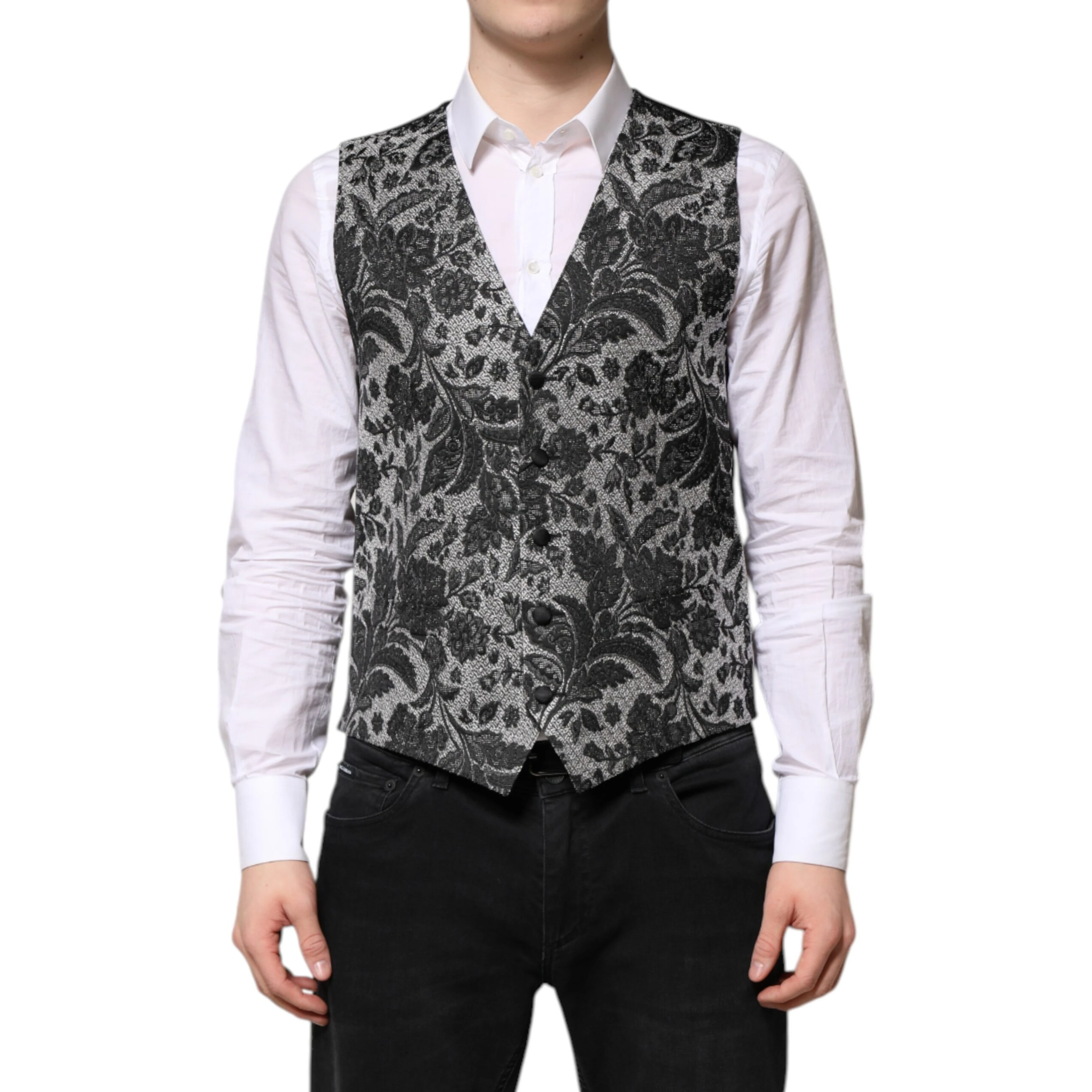 Black Gray Brocade Formal Men Waistcoat Vest