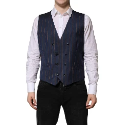 Blue Stripes Wool Formal Men Waistcoat Vest