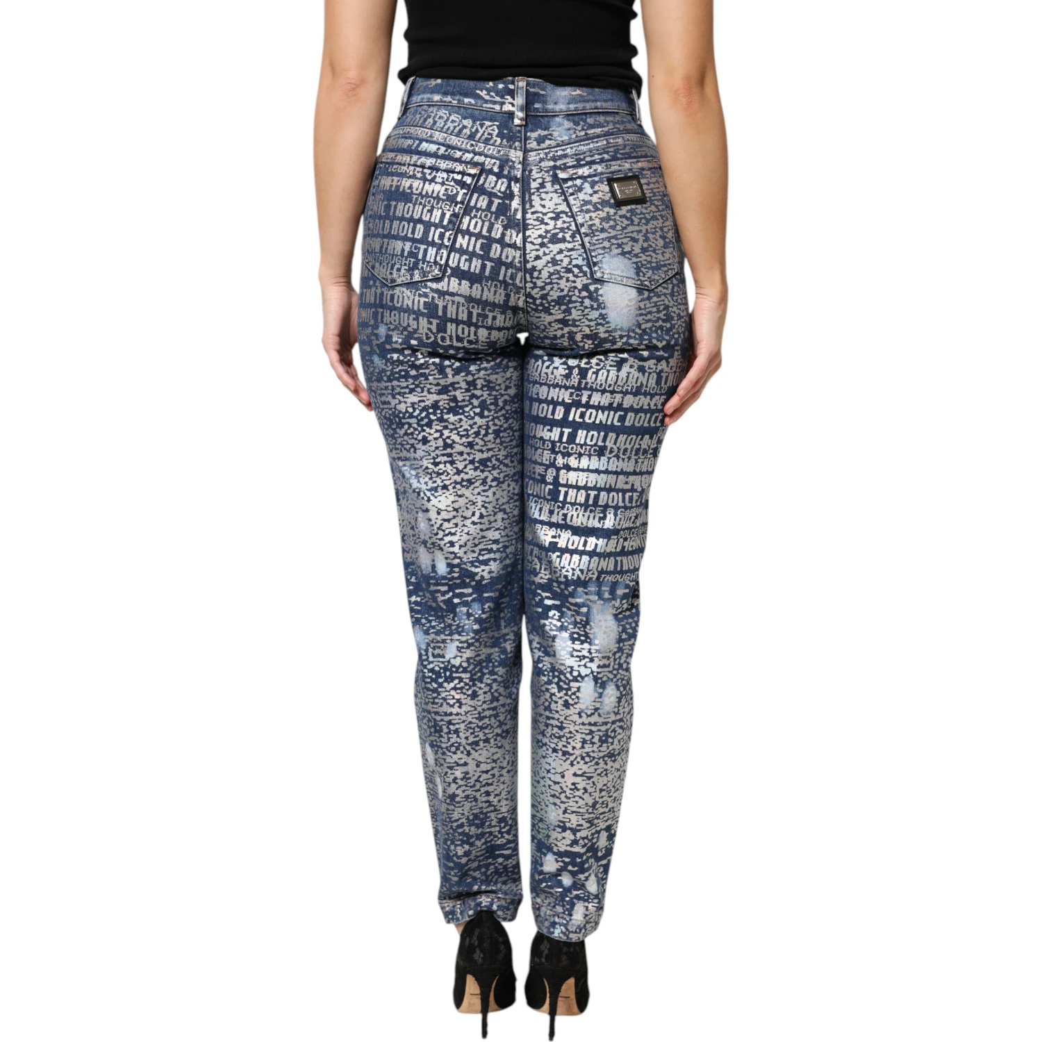 Blue Washed Print High Waist Denim Jeans