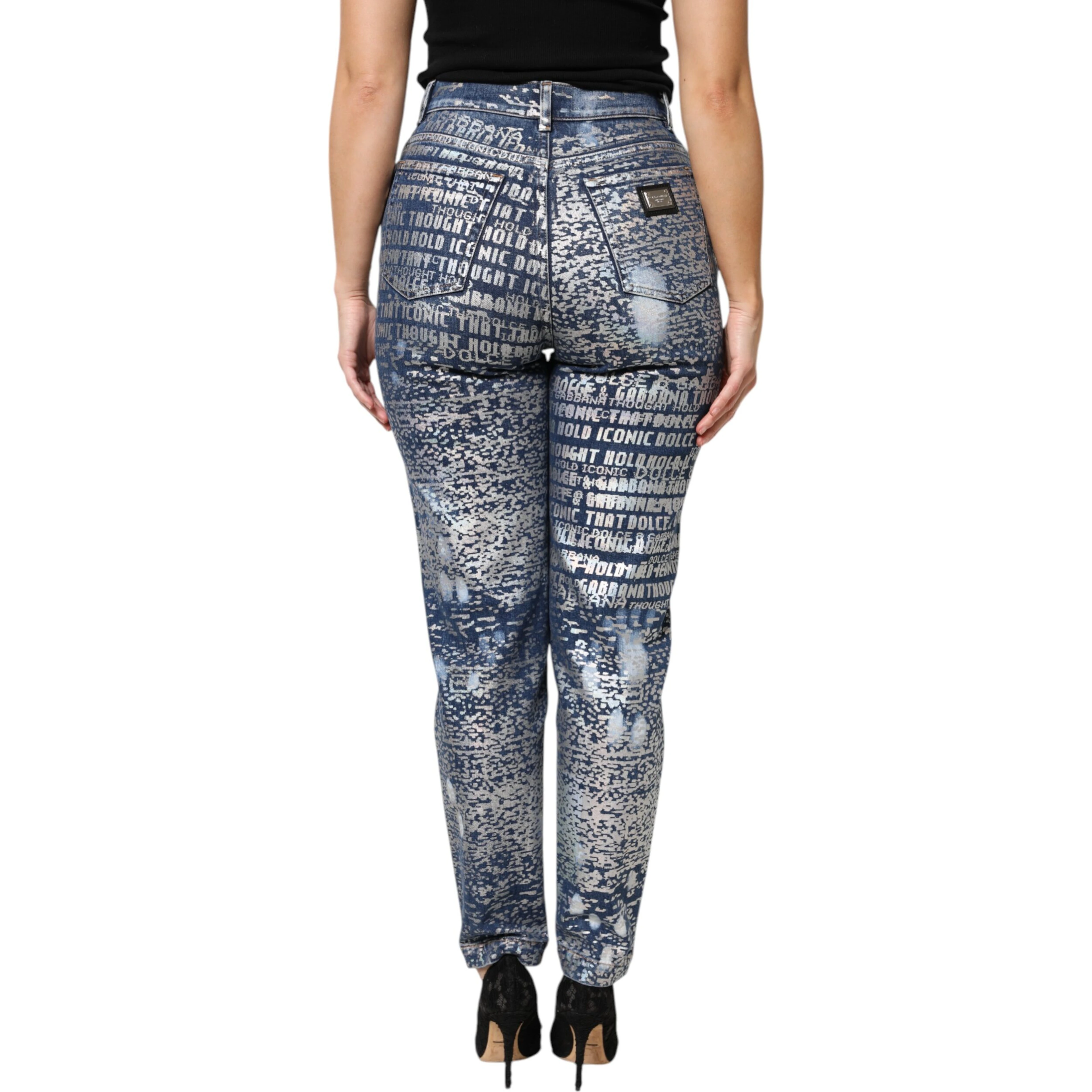 Blue Washed Print High Waist Denim Jeans