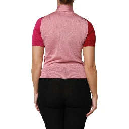 Pink Short Sleeves Buttoned Ascot Collar Top