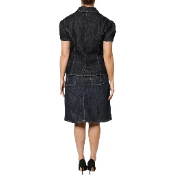 Black Cotton Blend Denim Top Skirt Casual Set