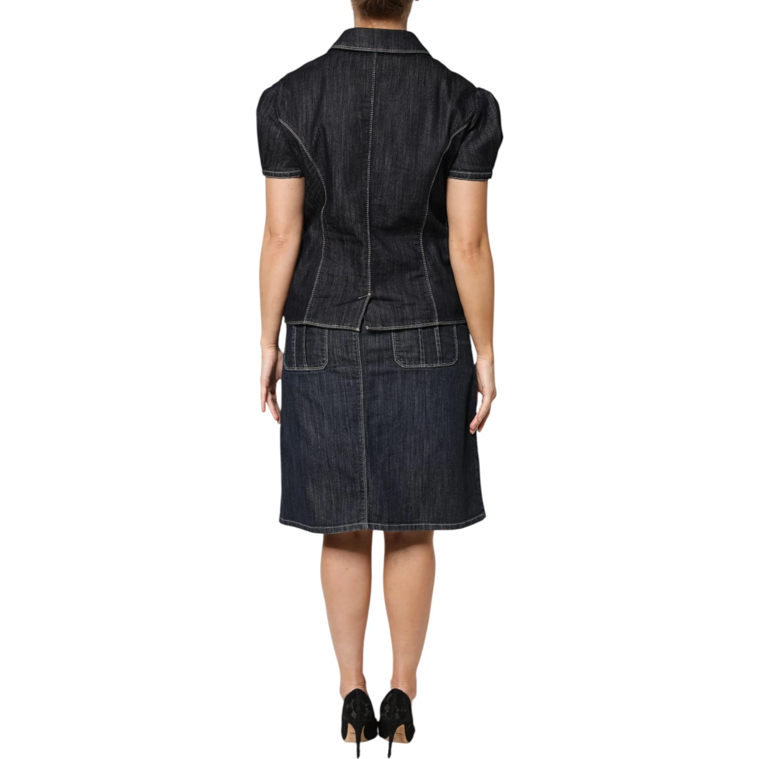 Black Cotton Blend Denim Top Skirt Casual Set