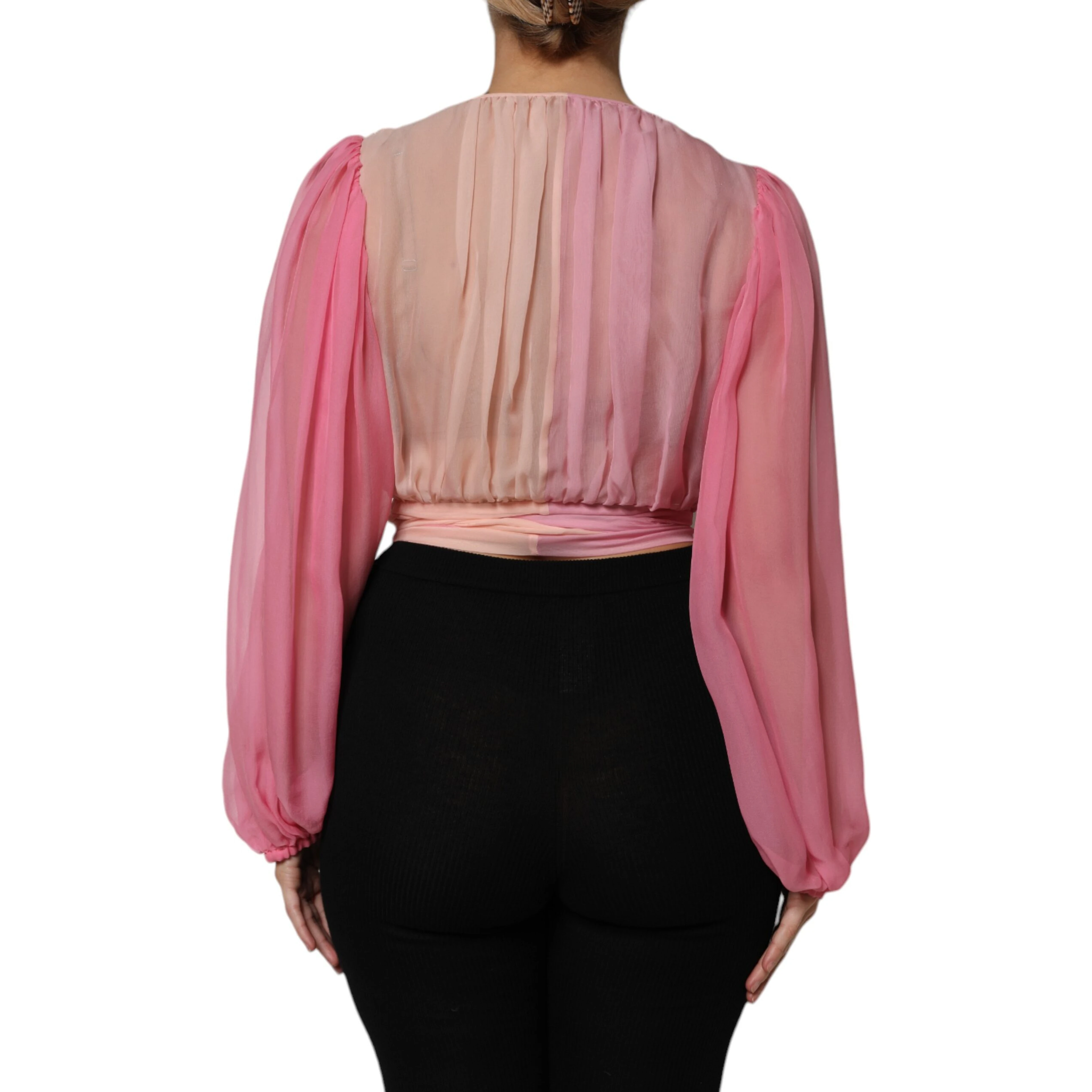 Pink Plunging V-neck Long Sleeves Blouse Top