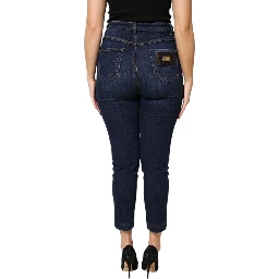 Blue Cotton High Waisted Cropped Denim Jeans