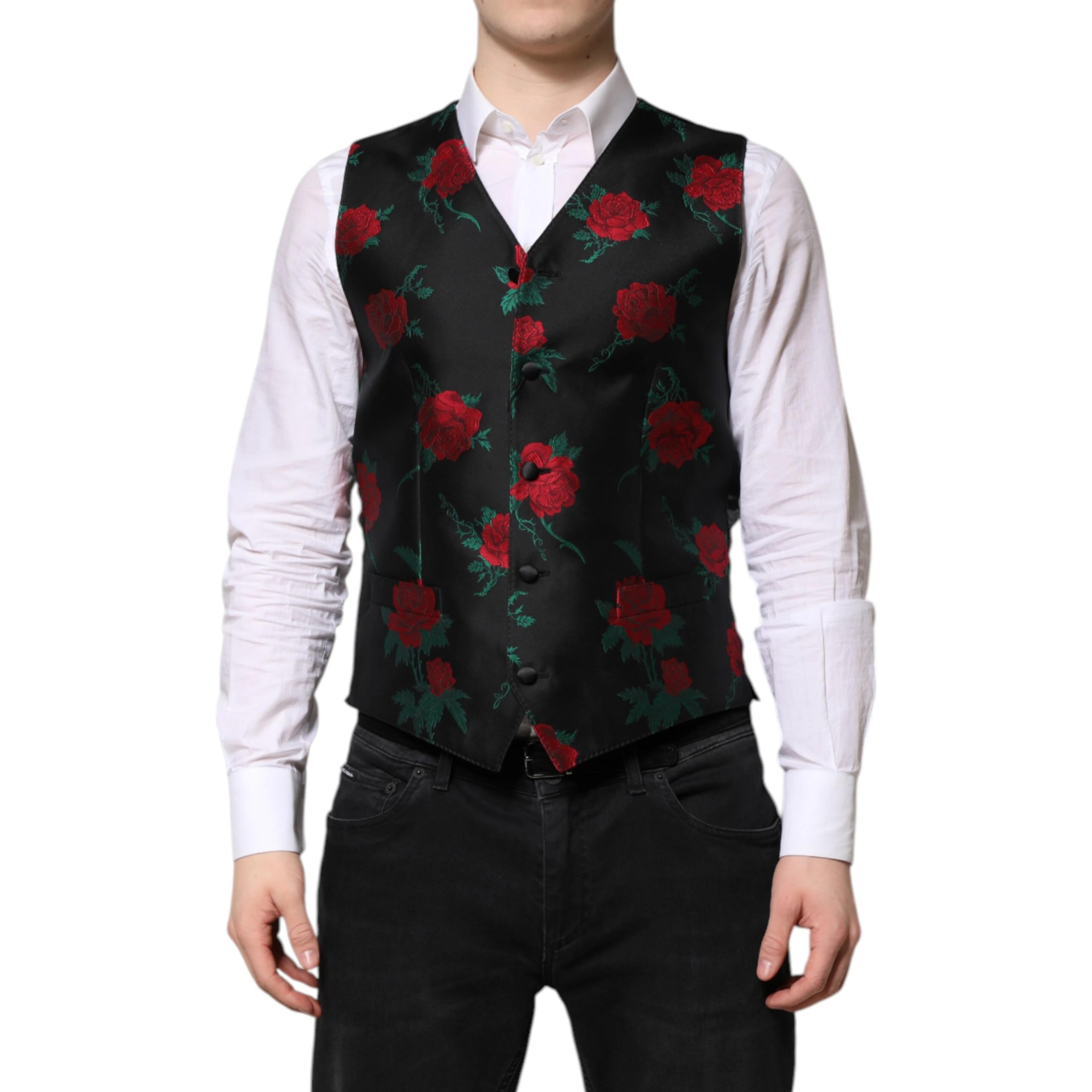 Red Floral Brocade Formal Men Waistcoat Vest